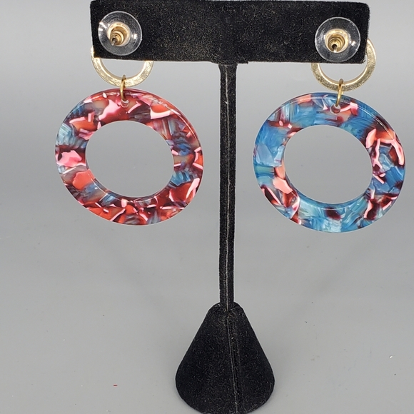 Turquoise and Red Plastic Circle Earrings and Turquoise Handmade Ring Set - Picture 5 of 9